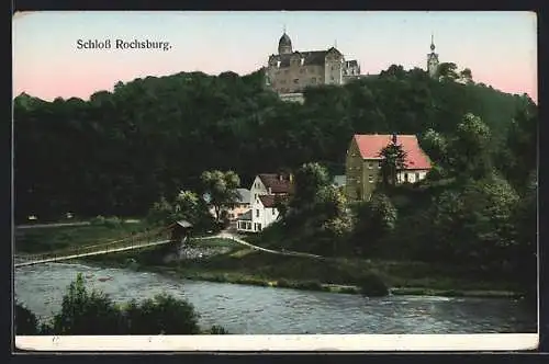 Goldfenster-AK Rochsburg, Ortsansicht mit dem Schloss