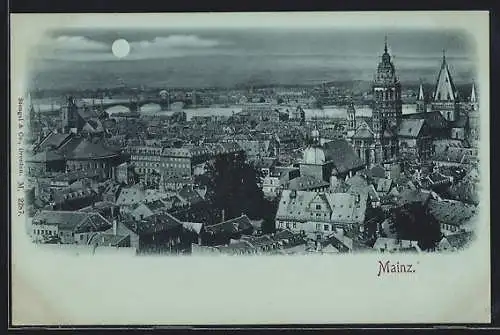 Mondschein-AK Mainz, Ortsansicht aus der Vogelschau