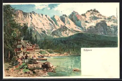 Künstler-AK Eibsee, Teilansicht mit Ufer und Gebirgswand