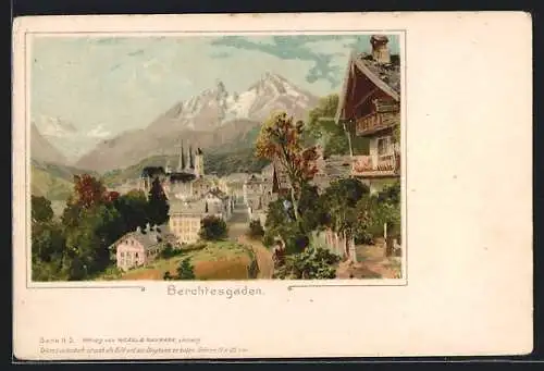 Lithographie Berchtesgaden, Teilansicht mit Gebirgswand