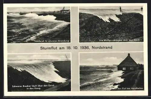 AK Nordstrand, Sturmflut 1936, Seedeich in schwerer Brandung, Die Wellen schlagen über den Deich