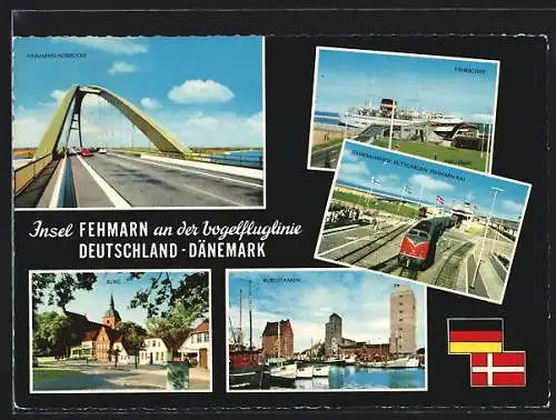 AK Burg /Fehmarn, Ortsansicht, Fährbahnhof Puttgarden, Fehmarnsundbrücke, Fährschiff