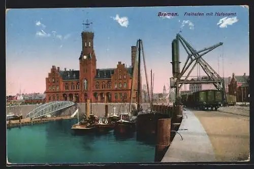 AK Bremen, Freihafen mit Hafenamt, Boote, Waggons