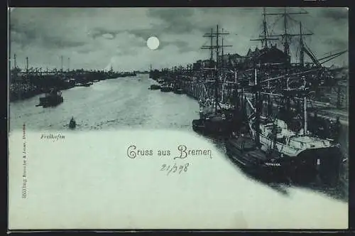 Mondschein-AK Der Freihafen bei Nacht