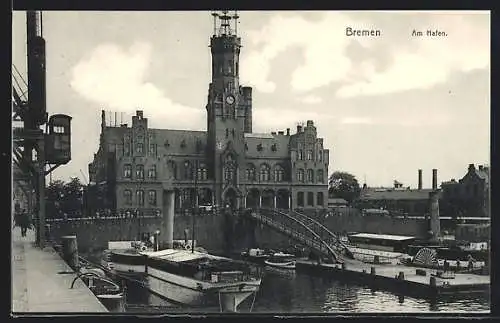 AK Bremen, Partie am Hafen, Dampfer
