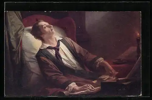 AK Gemälde Die letzten Gedanken von Weber von N. de Keyser, Weber liegt im Bett