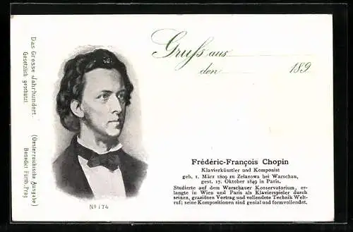AK Frédéric-Francois Chopin im Anzug mit schwarzer Fliege, mit welligem Haar