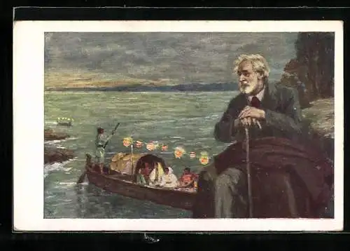 Künstler-AK Guiseppe Verdi an einer Küste, hinter ihm eine Gondola mit Beleuchtung