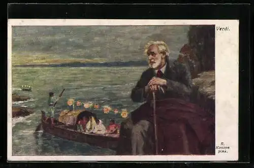 Künstler-AK des Komponisten Verdi mit Gondel im Hintergrund