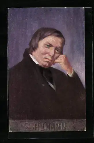 Künstler-AK Komponist Robert Schumann, Den Kopf auf die Hand gestützt, mit nachdenklichem Blick