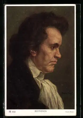 Künstler-AK Ludwig van Beethoven blickt melancholisch zur Seite, mit weissem Halstuch