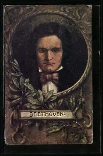 Künstler-AK Ludwig van Beethoven im Frontportrait mit einer roten Fliege