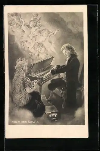 Künstler-AK Wolfgang Amadeus Mozart spielt einer Dame etwas vor, Engel entsteigen dem Klavier