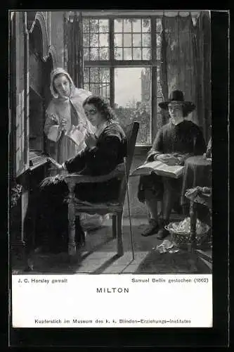 Künstler-AK Milton am Klavier im kleinen Studierzimmer, neben ihm eine Dame, hinter ihm ein Herr mit Hut