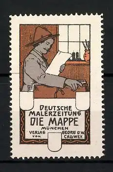 Reklamemarke Deutsche Malerzeitung Die Mappe, Verlag von Georg D. W. Callwey, München, Mann mit Papier in der Hand