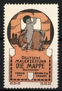 Reklamemarke Deutsche Malerzeitung Die Mappe, Verlag von Georg D. W. Callwey, München, nackter Bube mit Zeichenmappe