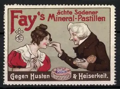 Reklamemarke Fay's ächte Sodener Mineral-Pastillen, gegen Husten und Heiserkeit, Verkäuferin mit Kundin