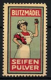 Reklamemarke Blitzmädel Seifenpulver, Dienstmädchen mit Dose
