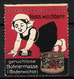 Reklamemarke Parkett-Rose ist nass-wischbare & geruchlose Bohnermasse, Mädchen poliert den Boden, Dose