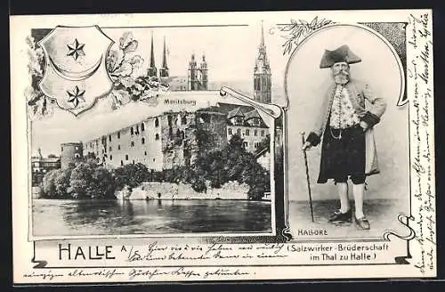 AK Halle a. S., Blick zur Moritzburg, Hallore in Tracht