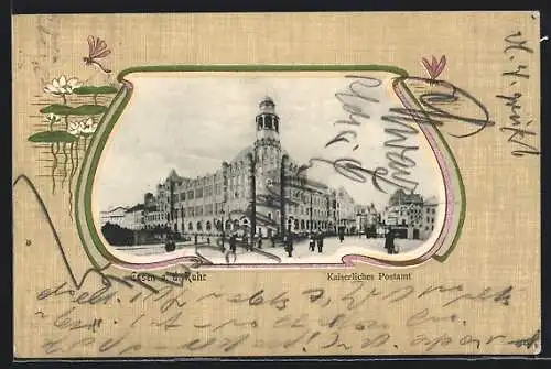 Passepartout-AK Essen / Ruhr, Kaiserliches Postamt, Seerosen und Libelle