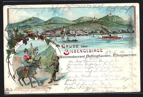 Lithographie Königswinter / Rhein, Totalansicht, Frau auf Esel