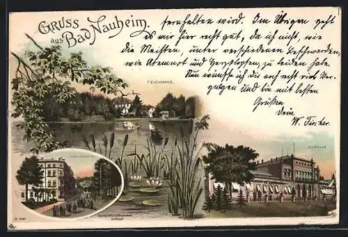 Lithographie Bad Nauheim, Teichhaus, Parkstrasse und Kurhaus