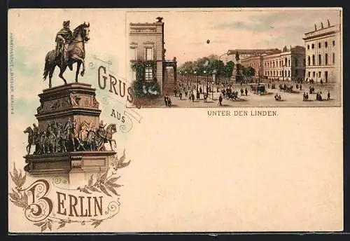 Lithographie Berlin, Strassenpartie Unter den Linden, Reiterstandbild