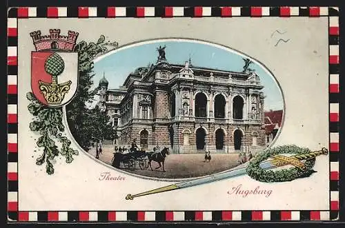 Passepartout-AK Augsburg, Theater, Wappen, Schwert mit Eichenblätterkranz