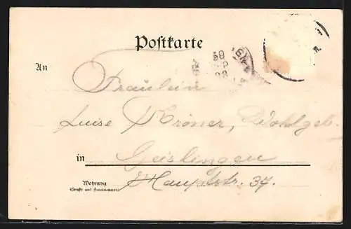 Lithographie München, Frauenkirche, Münchner Kindl mit einem Bierkrug, Engel schwebt über einer Frau, Jugendstil