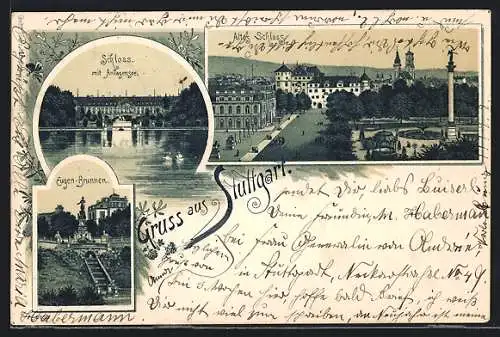 Lithographie Stuttgart, Schloss mit Anlagensee, Eugen-Brunnen, Altes Schloss
