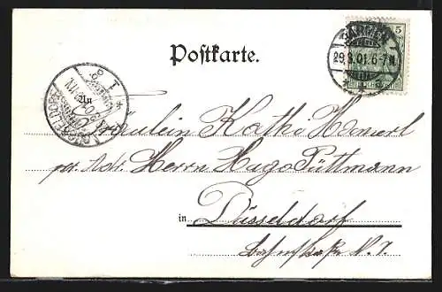 Lithographie Elberfeld-Barmen, Totalansicht mit Schwebebahn, Elektrizitätswerk