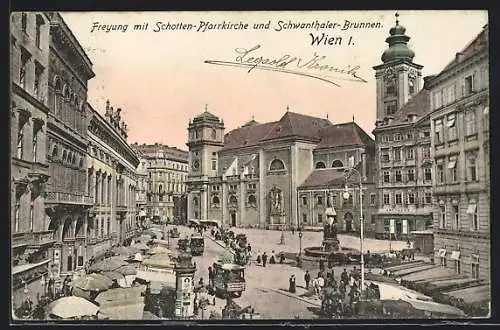 AK Wien, Freyung mit Schotten-Pfarrkirche und Schwanthaler-Brunnen