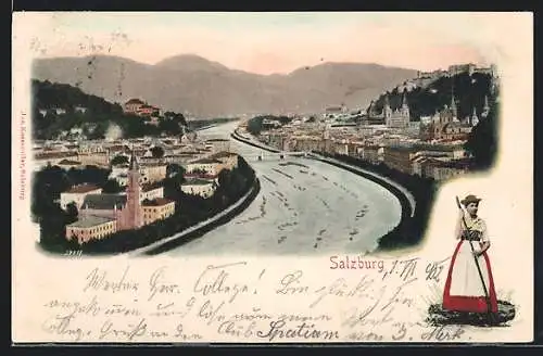 AK Salzburg, Panorama, Salzburgerin im Trachtenkleid