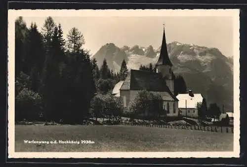 AK Werfenweng, Kirche mit Hochkönig im Hintergrund