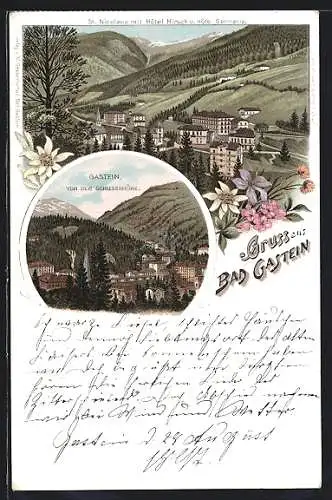 Lithographie Bad Gastein, St. Nicolaus mit Hotel Hirsch u. Hotel Germania, Ortsansicht von der Schillerhöhe