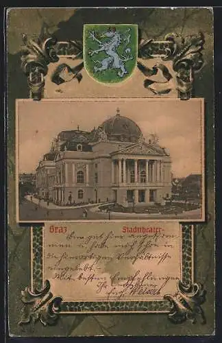 Lithographie Graz, Stadttheater und Stadtwappen