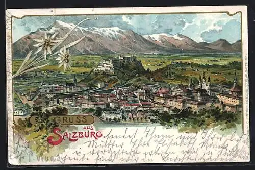 Lithographie Salzburg, Ortsansicht aus der Vogelschau