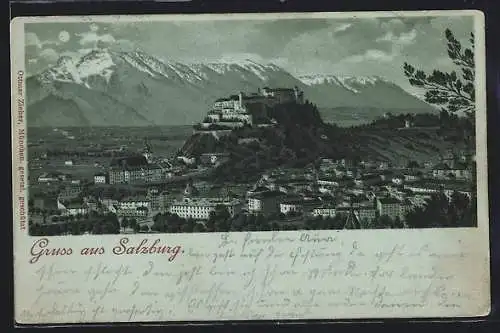 Mondschein-Lithographie Salzburg, Totale mit Schloss