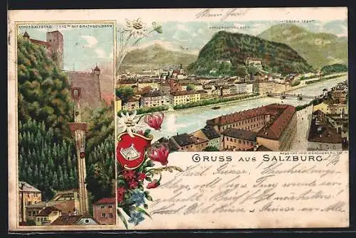 Lithographie Salzburg, Hohensalzburg mit Drahtseilbahn, Ortsansicht