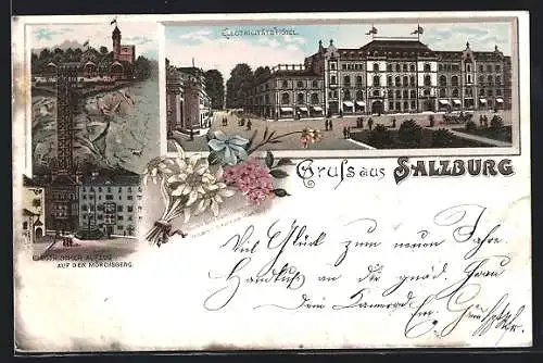 Lithographie Salzburg, Electricitäts-Hotel, Electrischer Aufzug auf den Mönchsberg