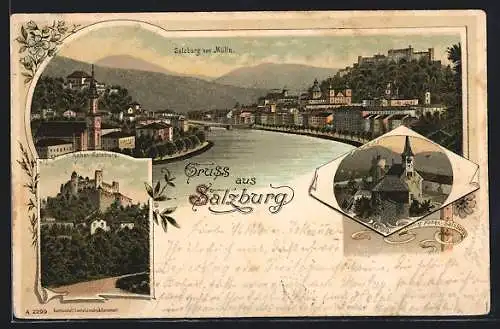 Lithographie Salzburg, Totalansicht mit Festung