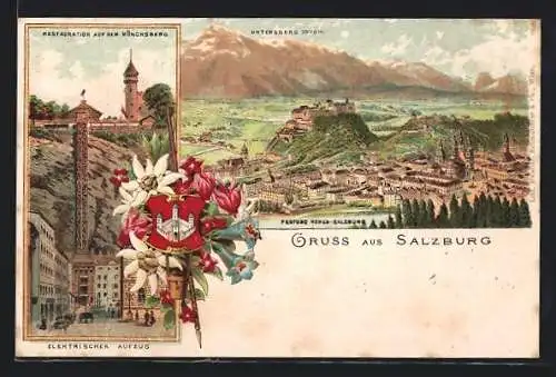 Lithographie Salzburg, Elektrischer Aufzug zur Restauration auf dem Mönchsberg, Edelweiss