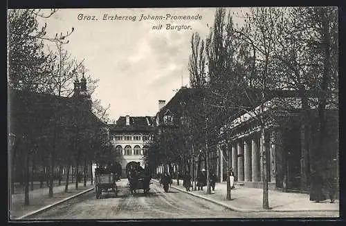 AK Graz, Erzherzog Johann-Promenade mit Burgtor