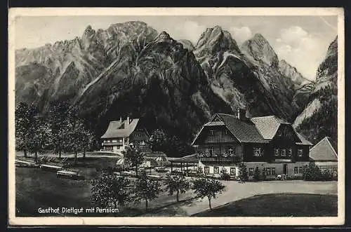 AK Hinterstoder, Gasthof Dietlgut mit Strasse und Bergpanorama