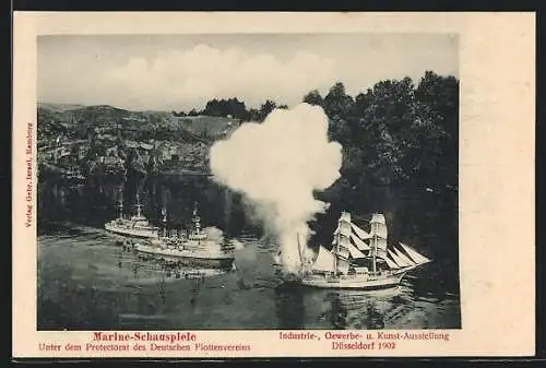 AK Düsseldorf, Industrie-Ausstellung 1902, Marine-Schauspiele, Kriegsschiffe im Gefecht, Segelschiff