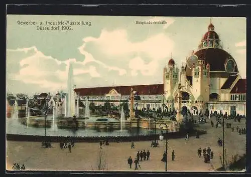 AK Düsseldorf, Gewerbe- u. Industrie-Ausstellung 1902, Hauptindustriehalle mit Brunnen und Fontänen