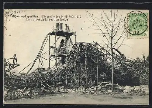 AK Bruxelles, Exposition 1910, L`Incendie, Les ruines de la Section Belge