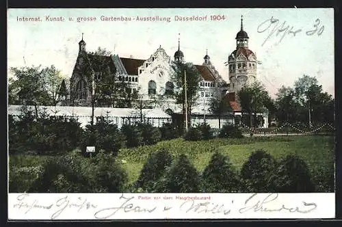 AK Düsseldorf, Internat. Kunst- und grosse Gartenbau-Ausstellung 1904, Partie vor dem Hauptrestaurant