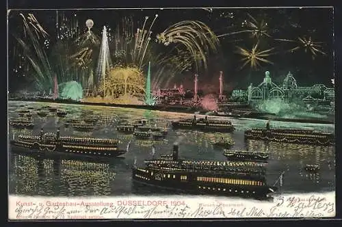 AK Düsseldorf, Kunst- und Gartenbau-Ausstellung 1904, Riesen-Feuerwerk bei Nacht
